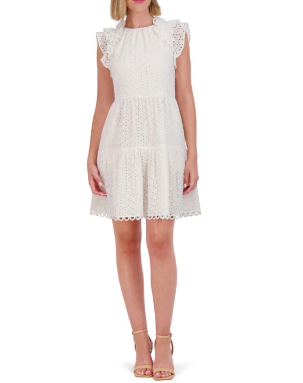 Vince Camuto White Eyelet Tiered Ruffle Mini Dress 14 Bridal Shower Cottagecore